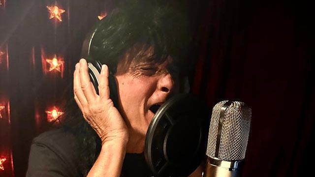 Anthrax’s Joey Belladonna recording vocals in the studio